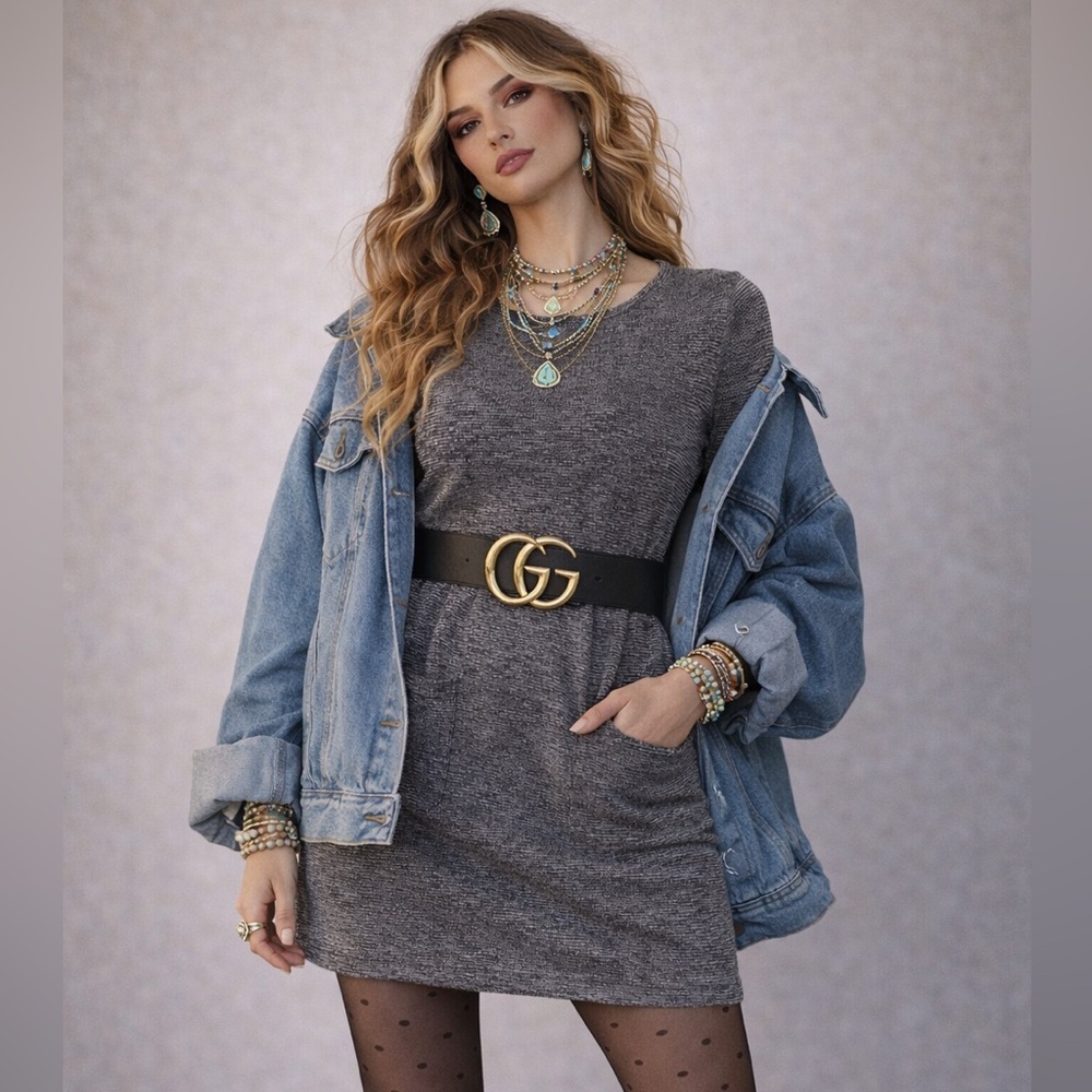 Elegant Gray Long Sleeve Women's Dress